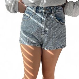 ALTAR’D STATE Blue Rhinestone Denim Shorts M High Waisted W/ Button & Zipper.